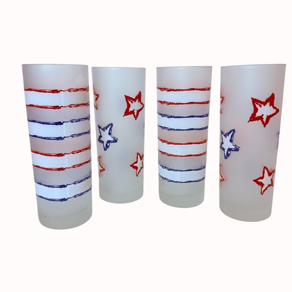 Dartington France Patriotic Tumblers Frosted Glass Set of 4 Stars Stripes July 4 - Picture 11 of 13